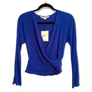 DVF Diane Von Furstenberg 100% Silk Faux Wrap Blouse, Royal Blue, Size 0, NWT